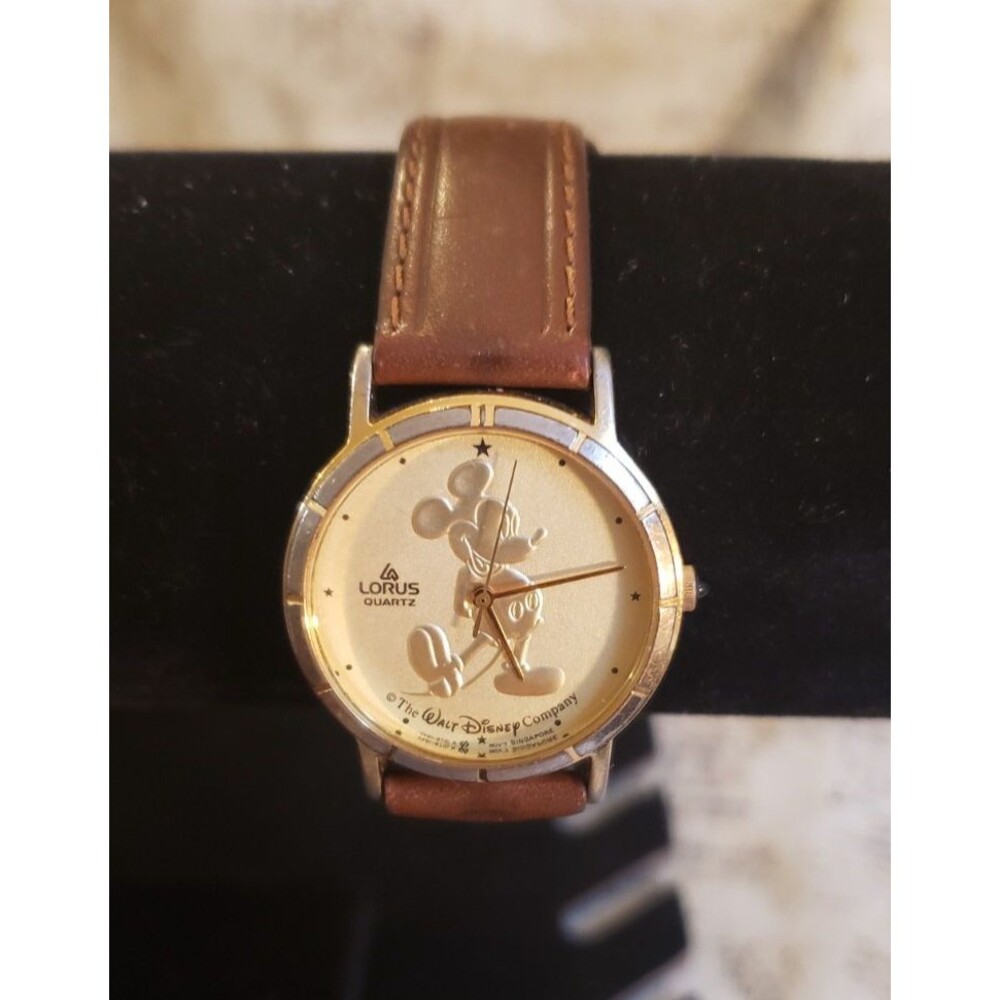 Quirky, Fun, Y2K - Preowned Mickey Mouse Gold Tone Watch with Leather Band
